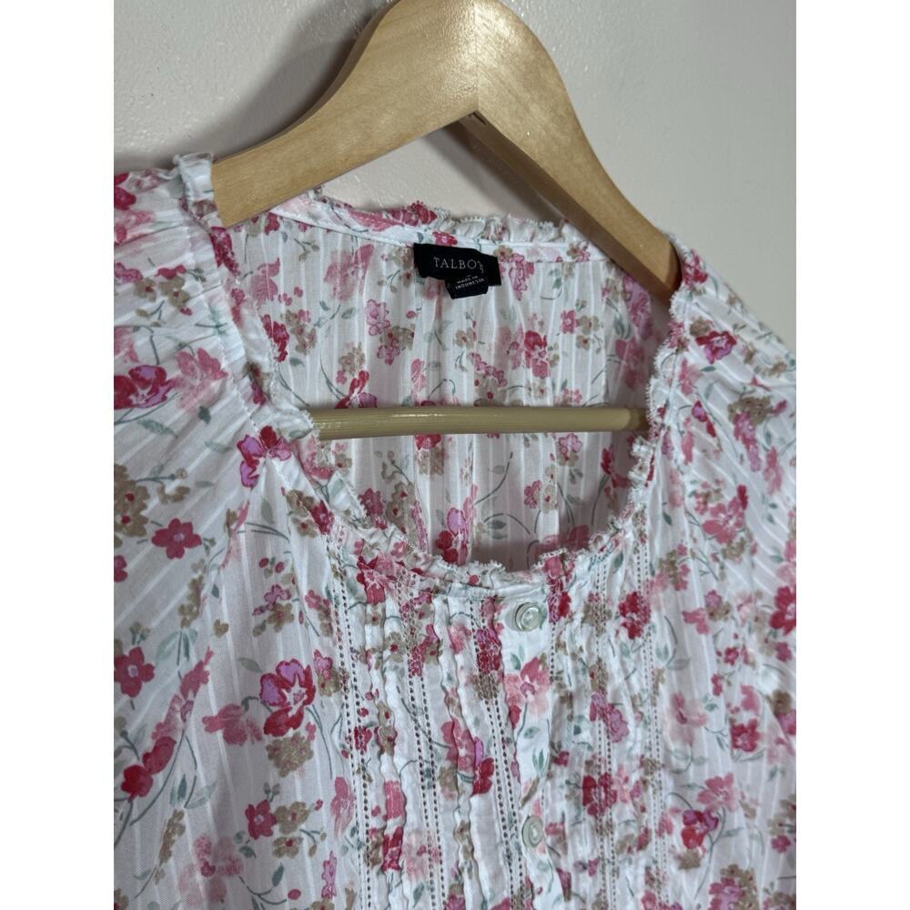 Talbots Womens Shirt XL Floral Cotton Coastal Beach Ruffle Pintuck Cottage - Picture 2 of 9